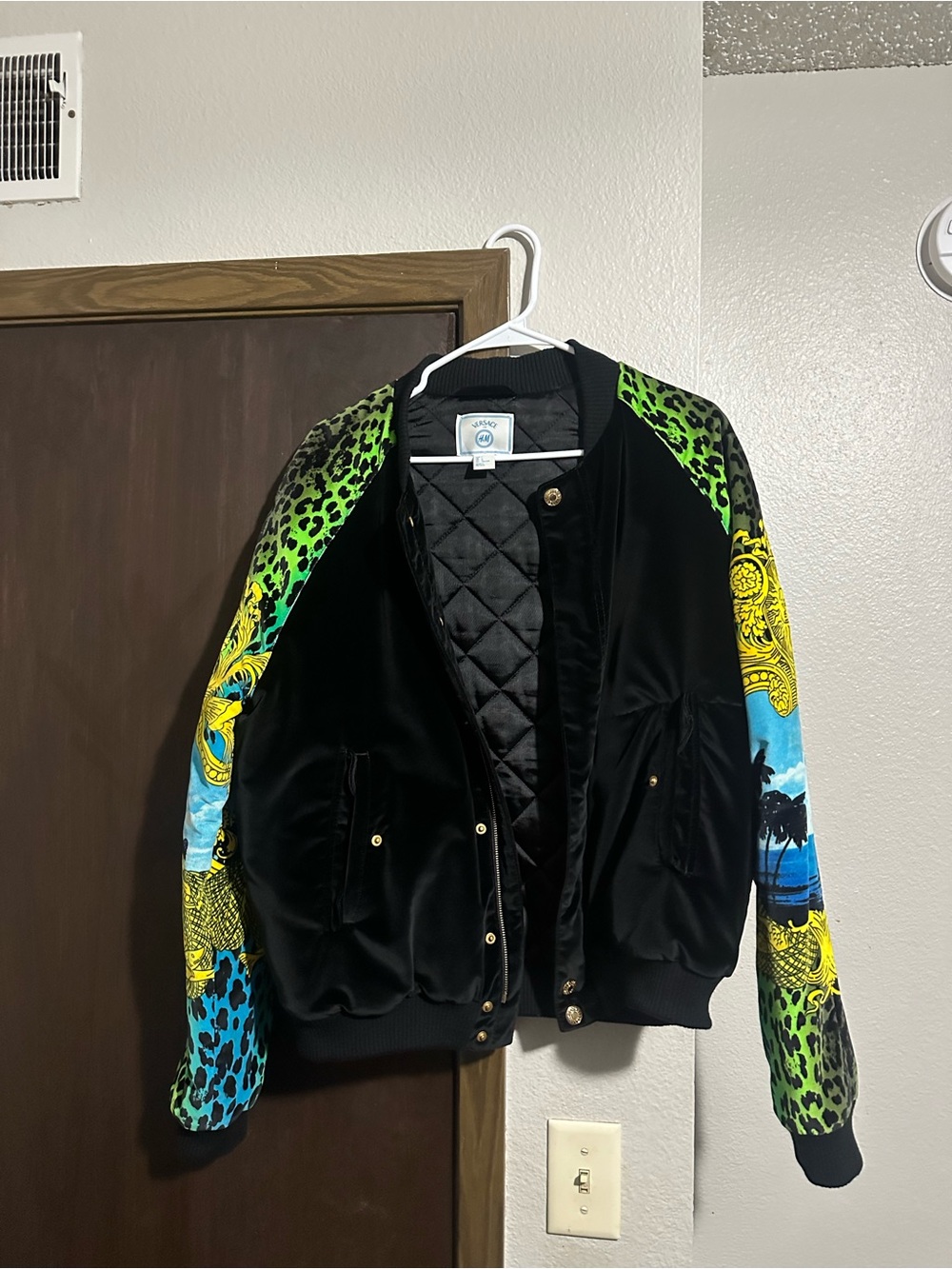 Black Velvet Bomber with Neon Leopard & Tropical Sleeve Prints